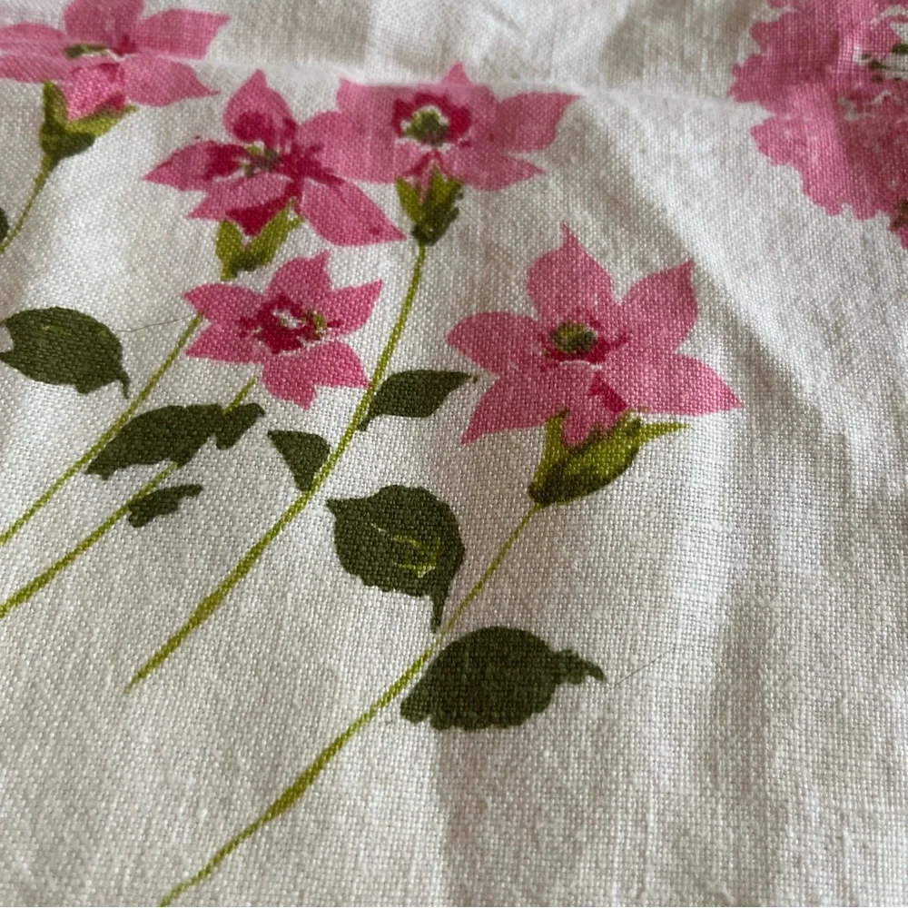 Vintage Linen Square Tablecloth with Pink Flowers
